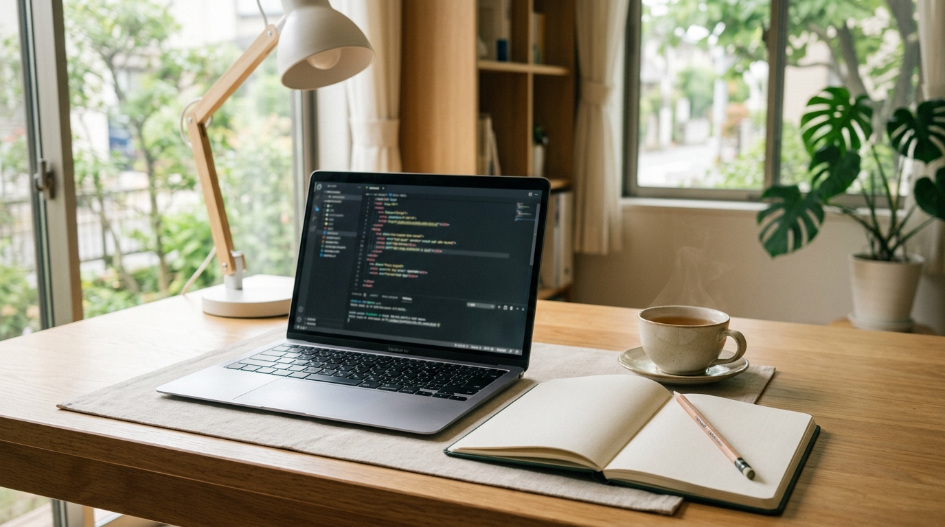 無料プログラミングスクールの受講を検討するための学習机とパソコンのイメージ