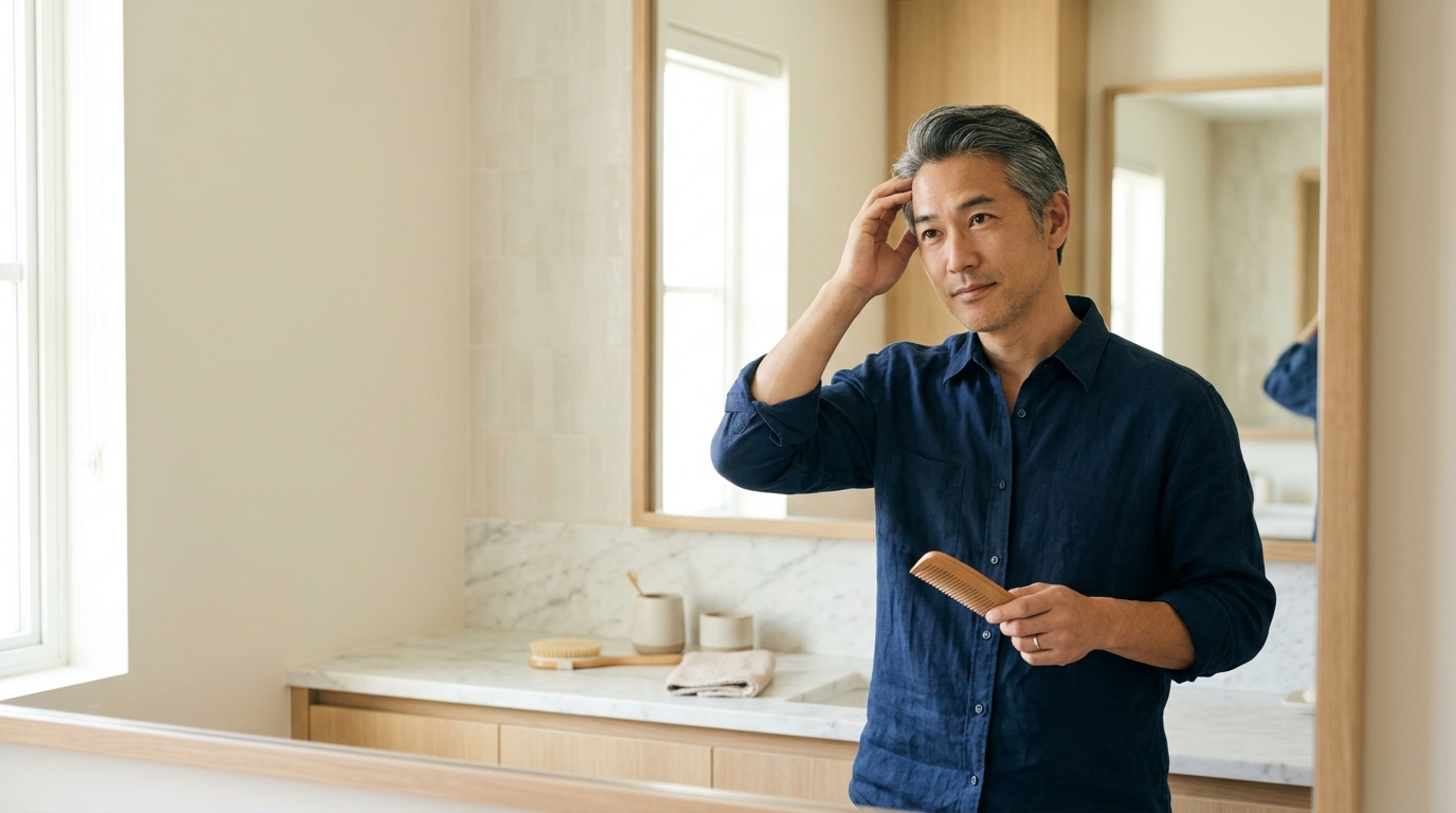 鏡の前で頭皮ケアを考える40代男性のイメージ（AI生成）