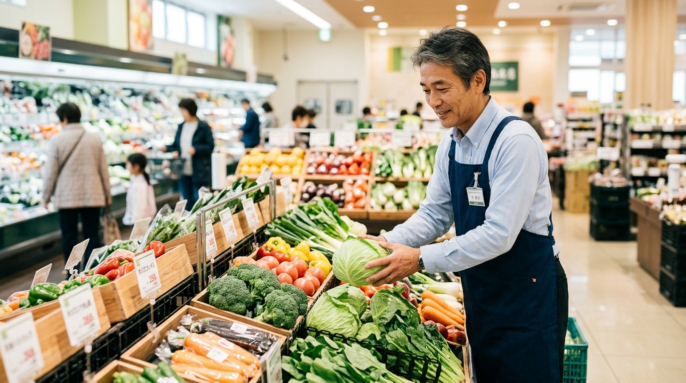 スーパー生鮮売場で働く40代・50代のイメージ（AI生成）