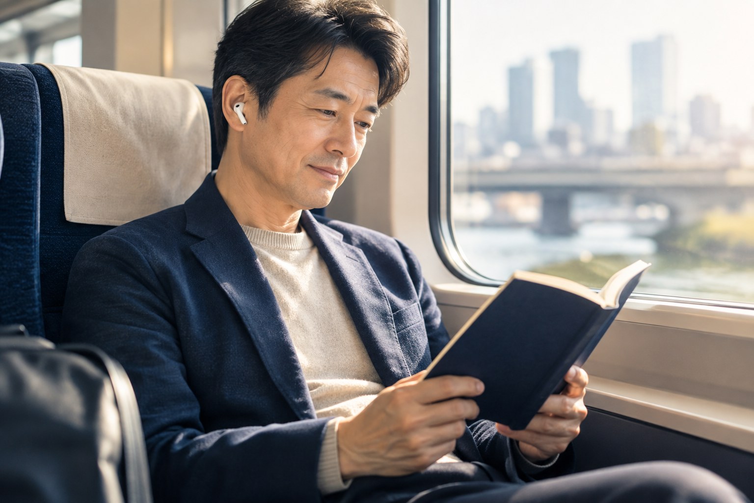 通勤中にイヤホンで音声読書を楽しむ40代・50代の会社員のイメージ