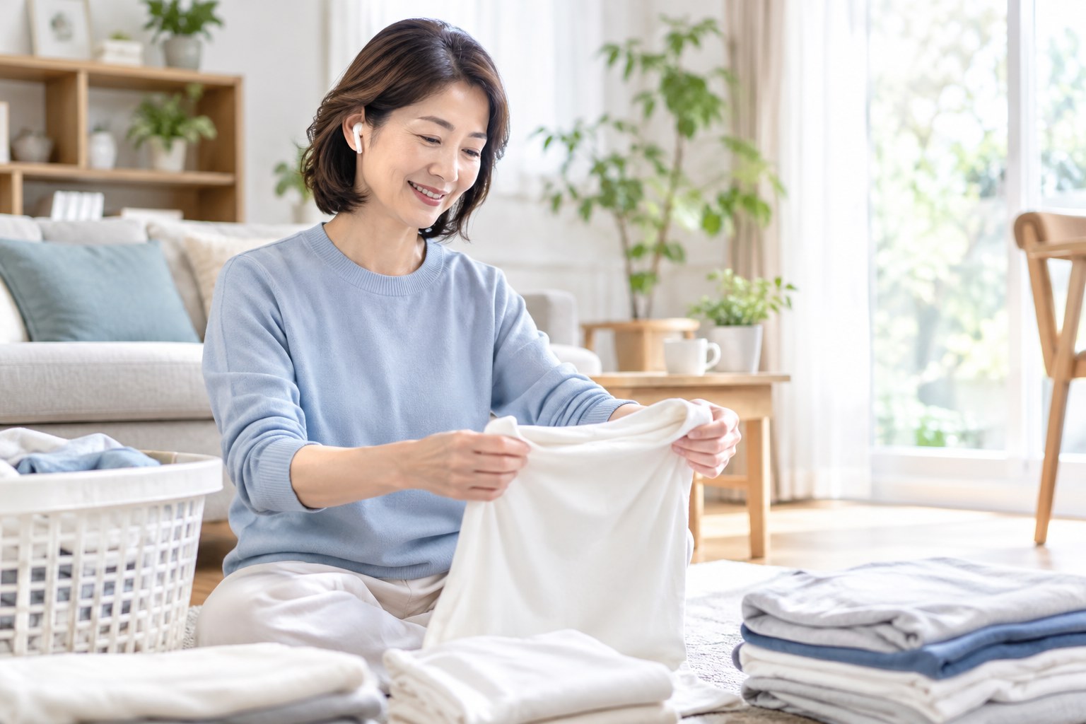家事をしながらイヤホンで音声読書を楽しむ50代女性のイメージ