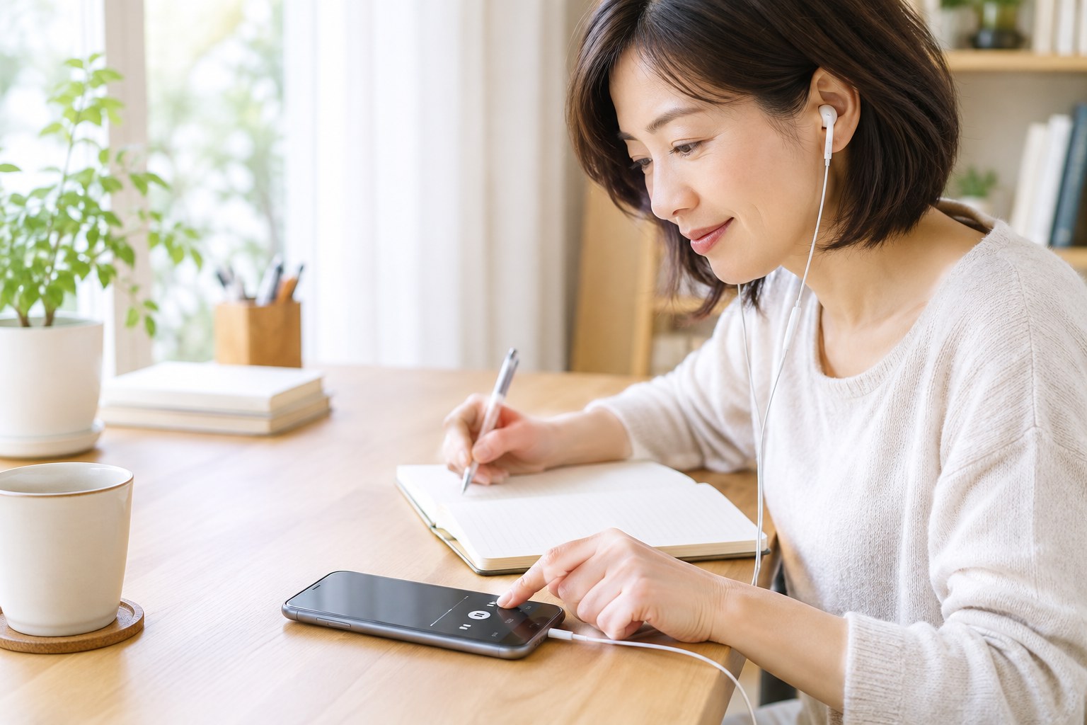スマートフォンとイヤホンを使って音声読書を始める女性のイメージ