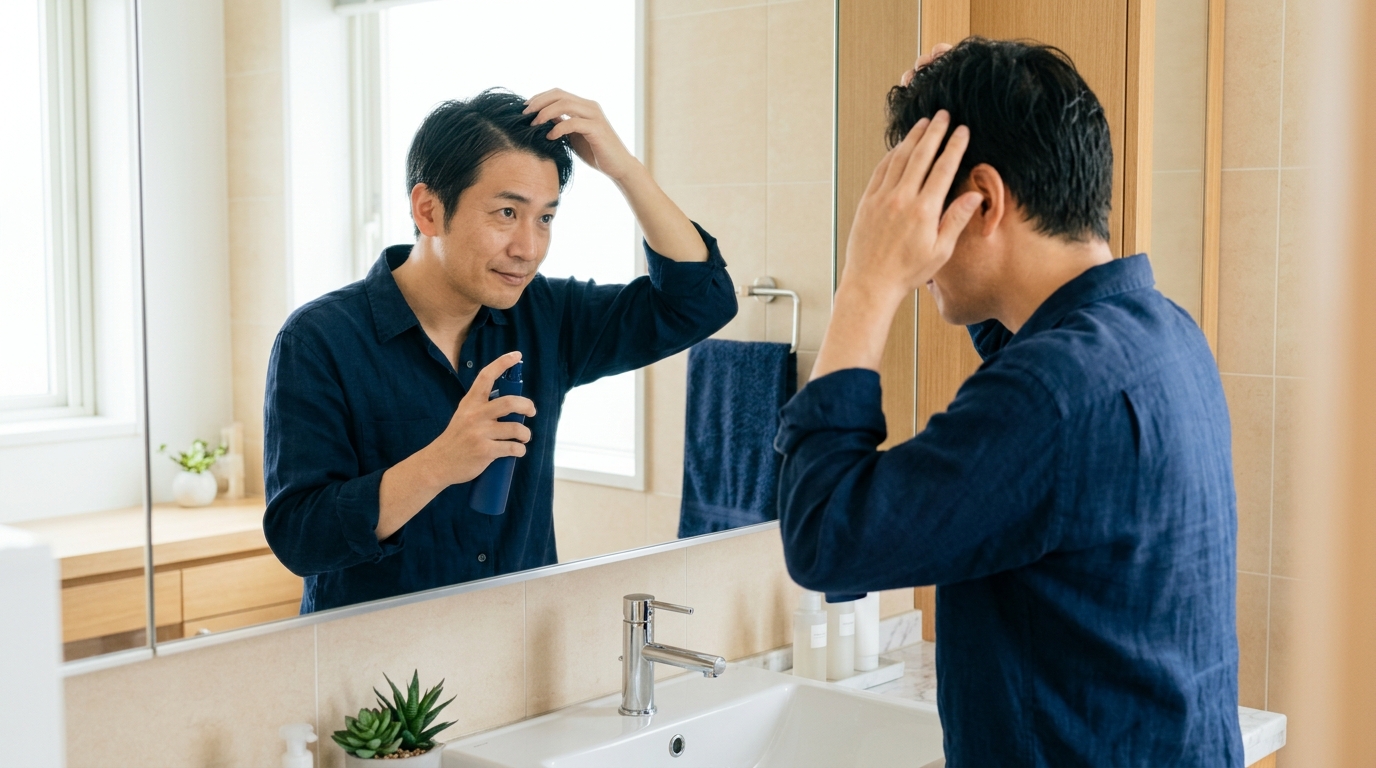 洗面所でヘアトニックを使用する準備をする男性のイメージ（AI生成）