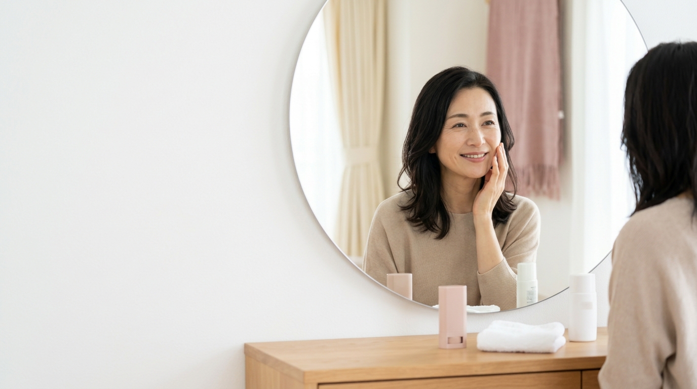 40代女性がスキンケア商品を検討するイメージ（AI生成・実物商品写真ではありません）