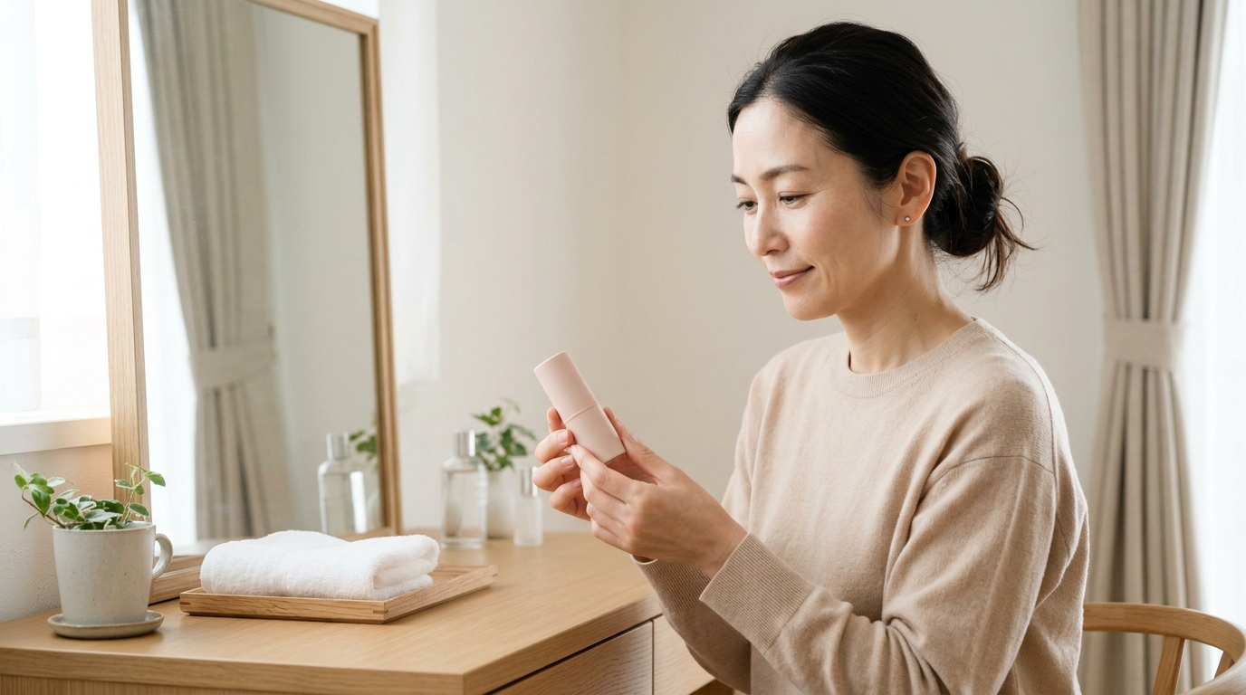 スティック状保湿バームを手にする女性のイメージ（AI生成）